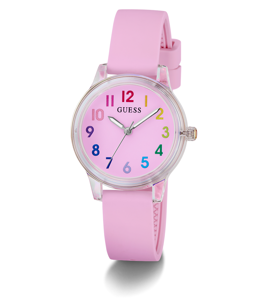 Pink watch with colorful numbers on a white background GUESS Kids Pink Clear Transparent Analog Watch