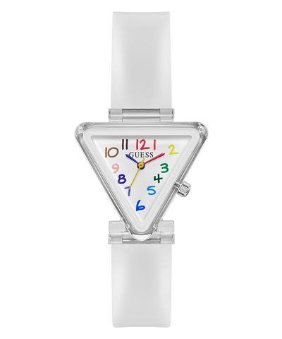 Triangular-shaped watch with colorful numbers on a white background