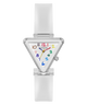 Triangular-shaped watch with colorful numbers on a white background