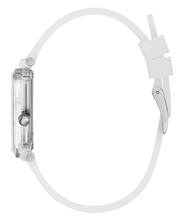 Clear watch with a white strap on a white background