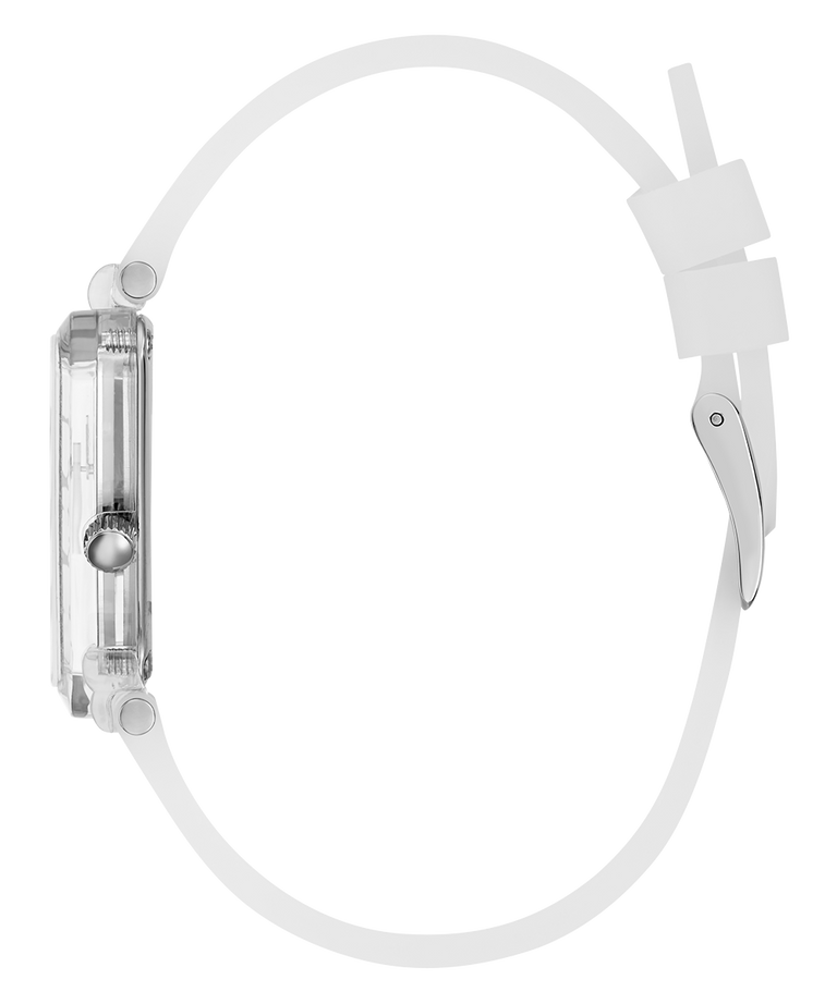 Clear watch with a white strap on a white background