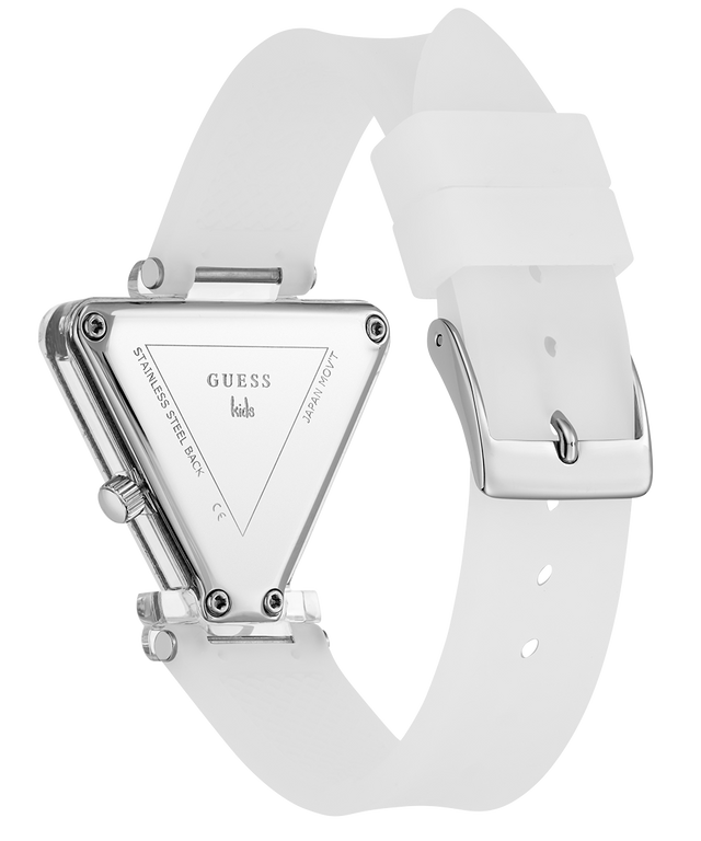 White triangular watch with a silver frame on a white background