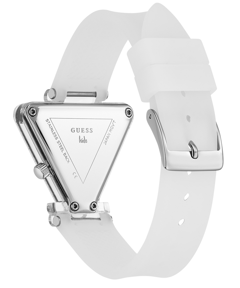 White triangular watch with a silver frame on a white background