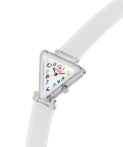 White triangular watch with colorful numbers on a white background lifestyle