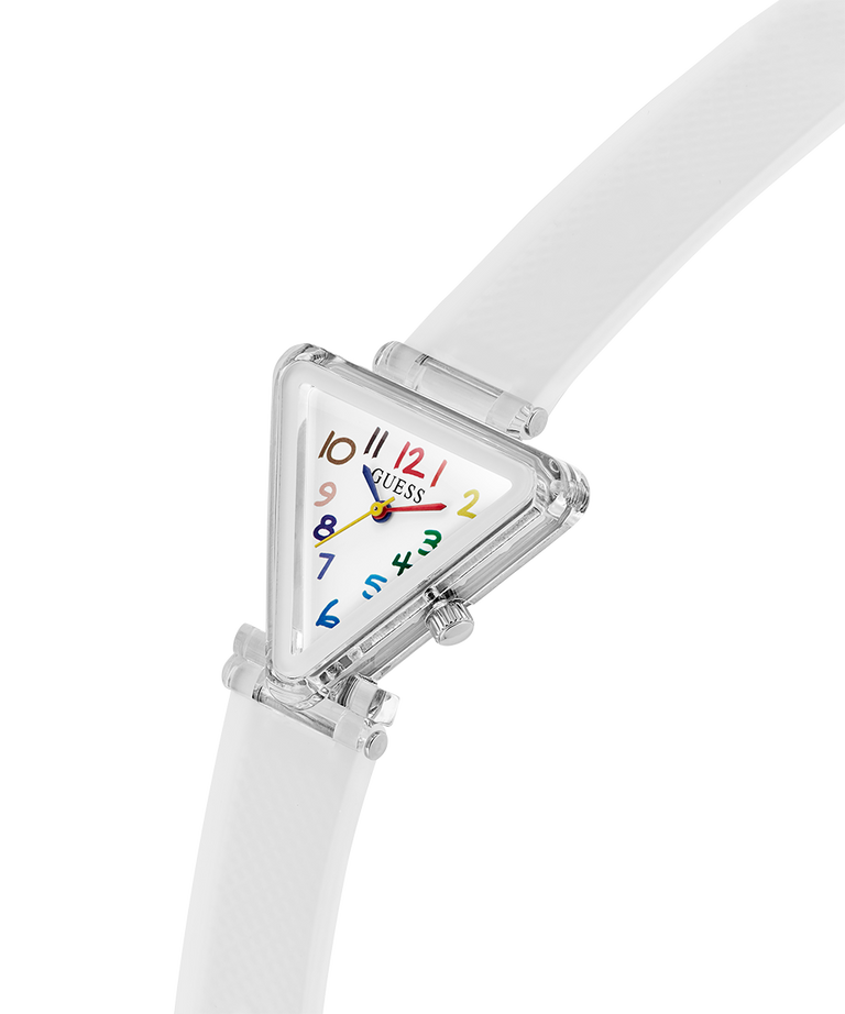 White triangular watch with colorful numbers on a white background lifestyle