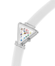 White triangular watch with colorful numbers on a white background lifestyle
