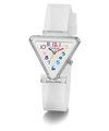 White triangular watch with colorful numbers on a white background