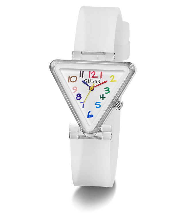 White triangular watch with colorful numbers on a white background