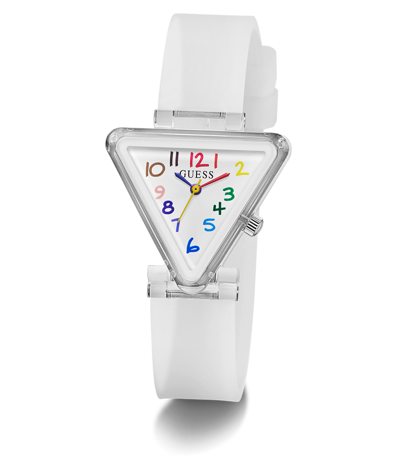 White triangular watch with colorful numbers on a white background