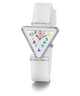 White triangular watch with colorful numbers on a white background
