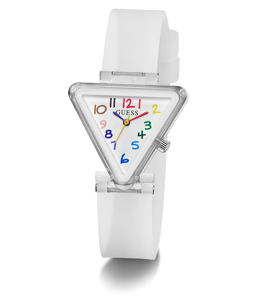 White triangular watch with colorful numbers on a white background