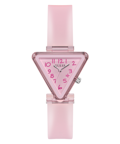 Pink triangular watch with a clear face on a white background GUESS Kids Pink Transparent Analog Watch