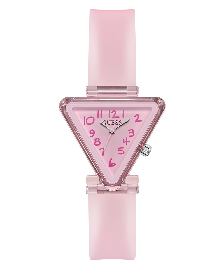 Pink triangular watch with a clear face on a white background GUESS Kids Pink Transparent Analog Watch