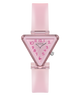 Pink triangular watch with a clear face on a white background GUESS Kids Pink Transparent Analog Watch