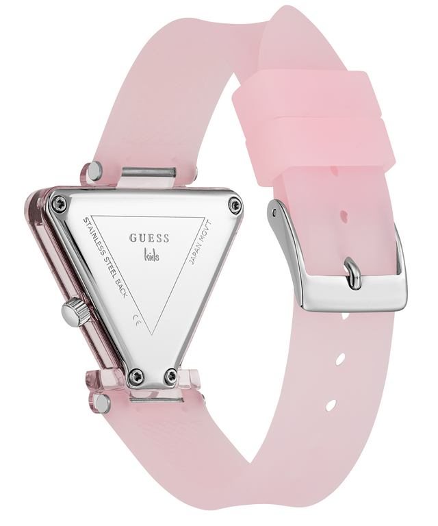 Guess watch with pink strap and silver caseback on a white background