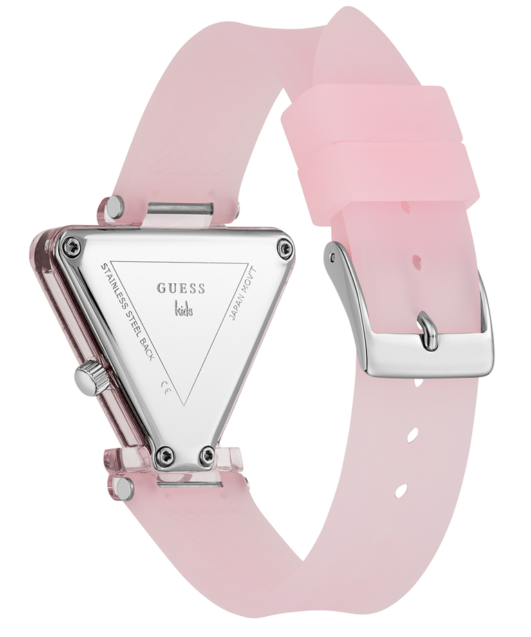 Guess watch with pink strap and silver caseback on a white background