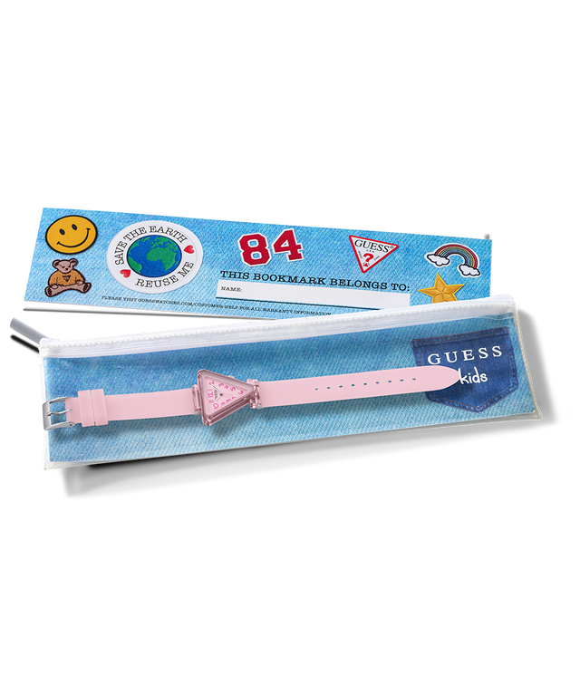 Guess Kids pink watch with blue packaging on a white background