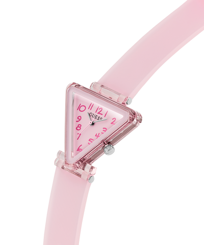 Pink triangular watch with a clear face on a white background lifestyle