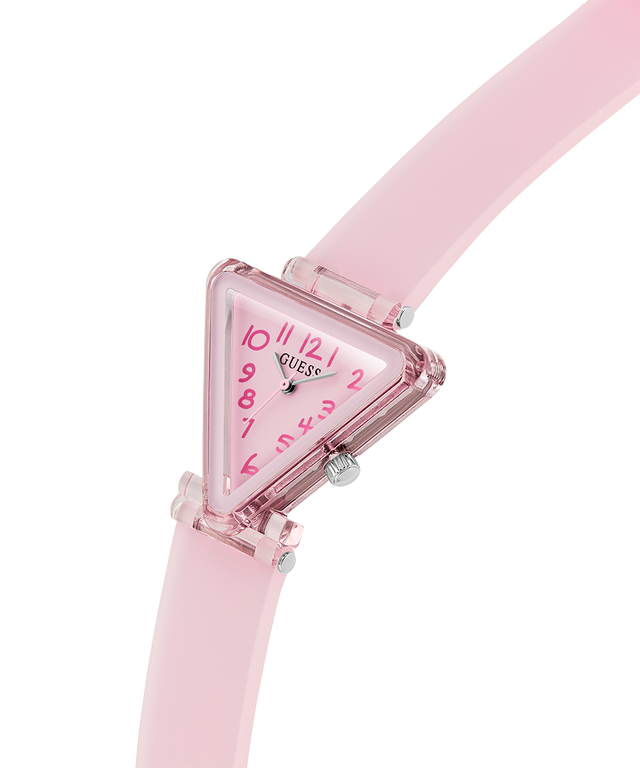 Pink triangular watch with a clear face on a white background lifestyle