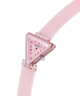 Pink triangular watch with a clear face on a white background lifestyle