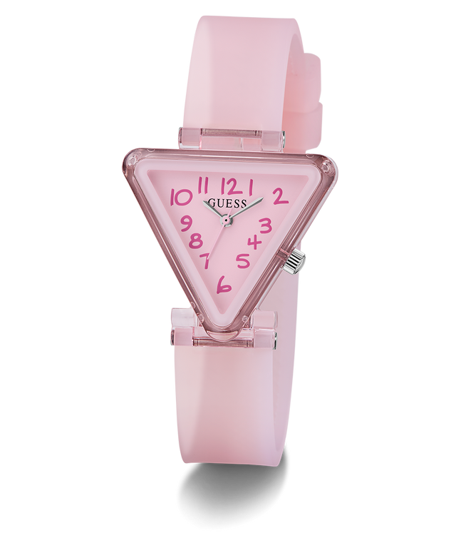 Pink triangular watch with a transparent face on a white background GUESS Kids Pink Transparent Analog Watch