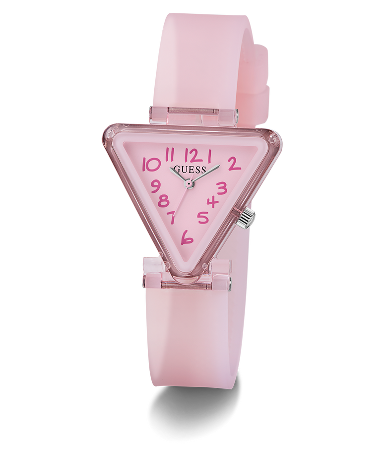 Pink triangular watch with a transparent face on a white background GUESS Kids Pink Transparent Analog Watch