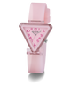 Pink triangular watch with a transparent face on a white background GUESS Kids Pink Transparent Analog Watch