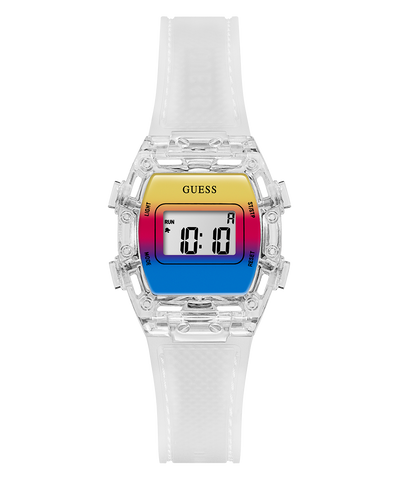 Digital watch with a colorful face and white strap on a white background GUESS Kids Clear Transparent Digital Watch