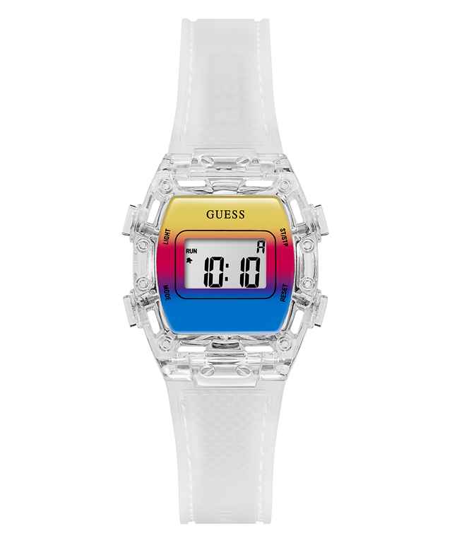 Digital watch with a colorful face and white strap on a white background GUESS Kids Clear Transparent Digital Watch
