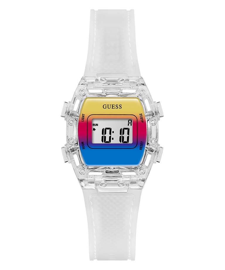 Digital watch with a colorful face and white strap on a white background GUESS Kids Clear Transparent Digital Watch