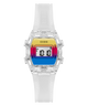 Digital watch with a colorful face and white strap on a white background GUESS Kids Clear Transparent Digital Watch