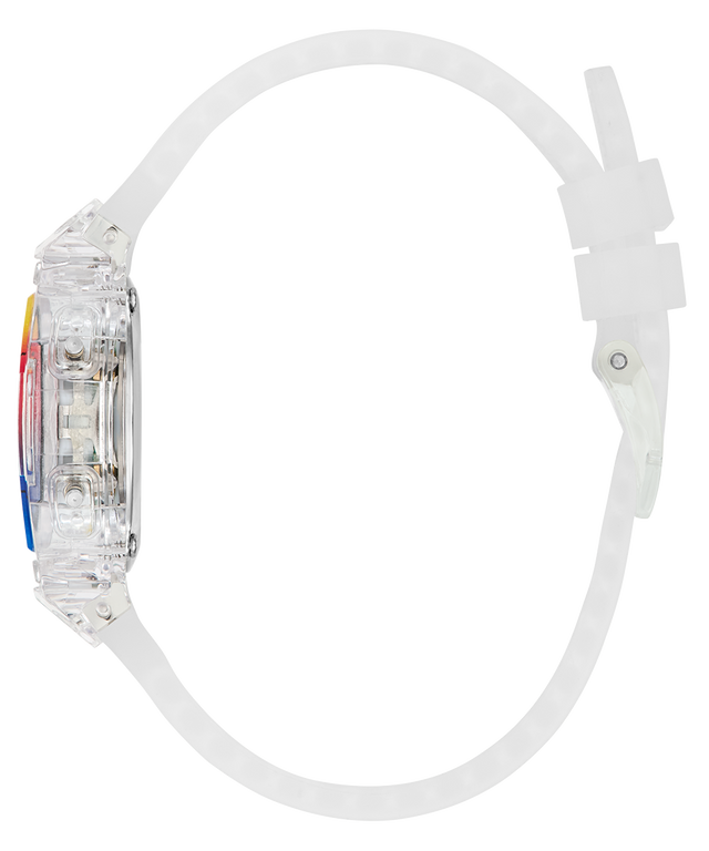 Clear wristband with a small device attached on a white background