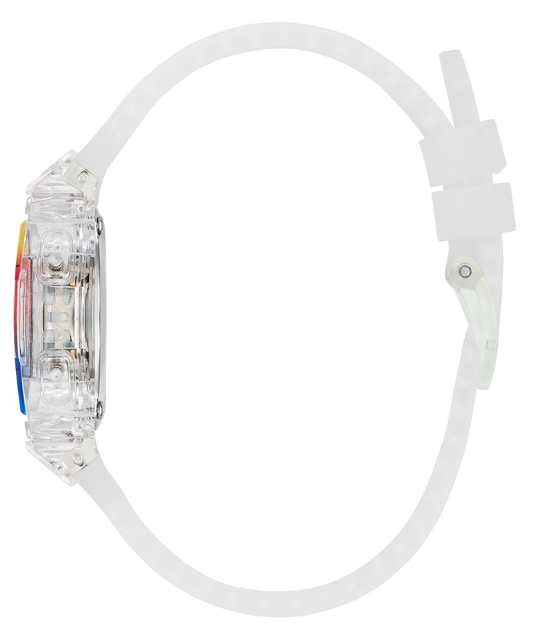 Clear wristband with a small device attached on a white background