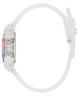 Clear wristband with a small device attached on a white background