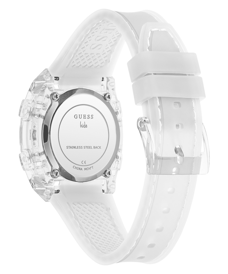 White transparent watch with visible caseback brand logo on a white background