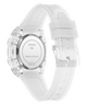 White transparent watch with visible caseback brand logo on a white background