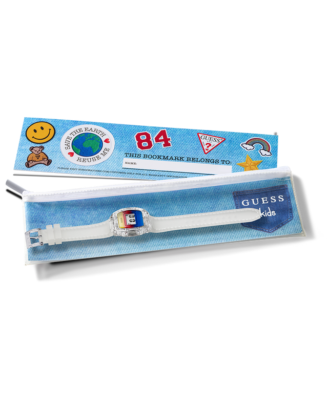 Guess Kids watch and bookmark packaging on a white background