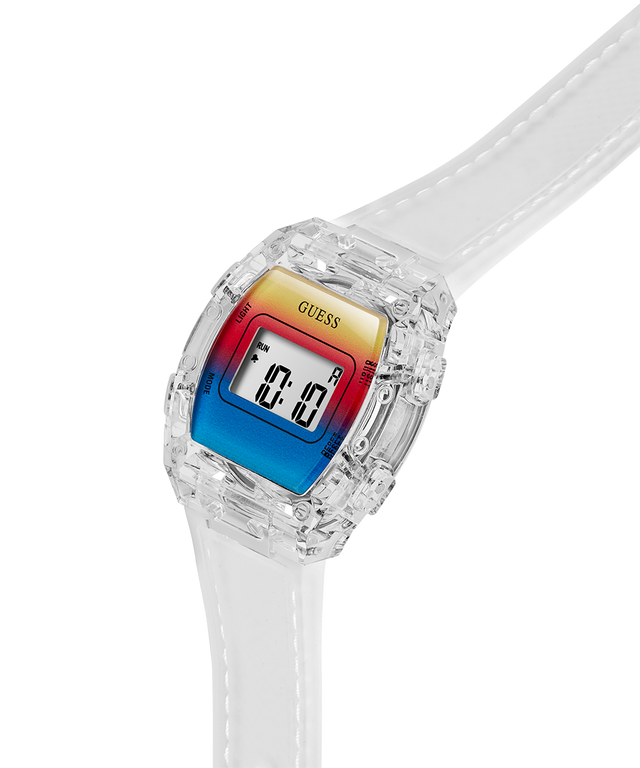 Digital watch with colorful display and clear case on a white background lifestyle