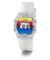Digital watch with a colorful display and white strap on a white background GUESS Kids Clear Transparent Digital Watch