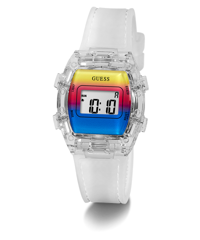 Digital watch with a colorful display and white strap on a white background GUESS Kids Clear Transparent Digital Watch