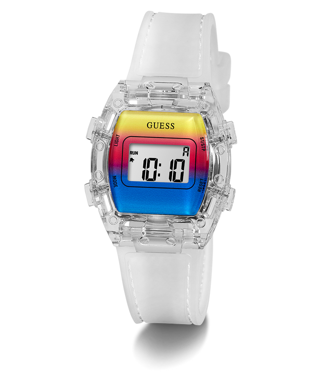 Digital watch with a colorful display and white strap on a white background GUESS Kids Clear Transparent Digital Watch