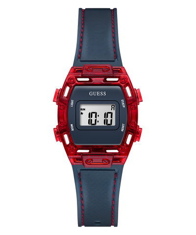 Digital watch with red and blue design on a white background