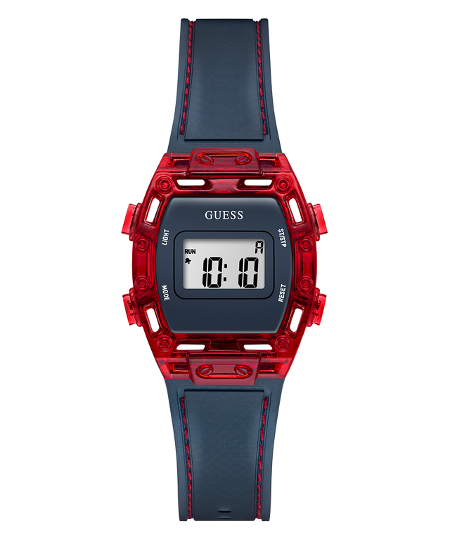 Digital watch with red and blue design on a white background