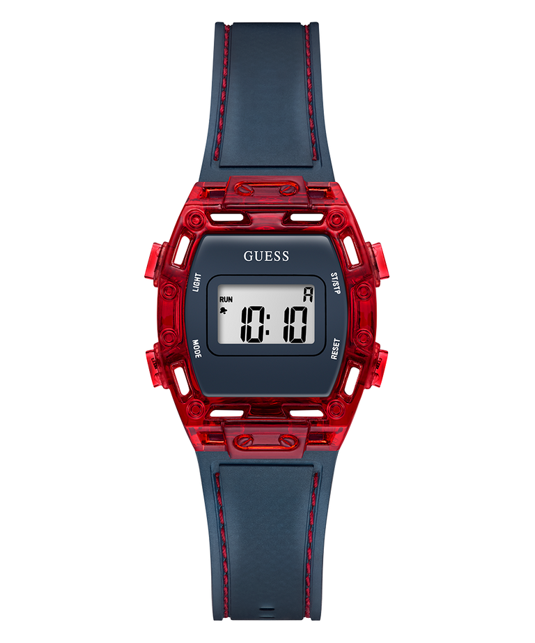 Digital watch with red and blue design on a white background