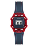 Digital watch with red and blue design on a white background