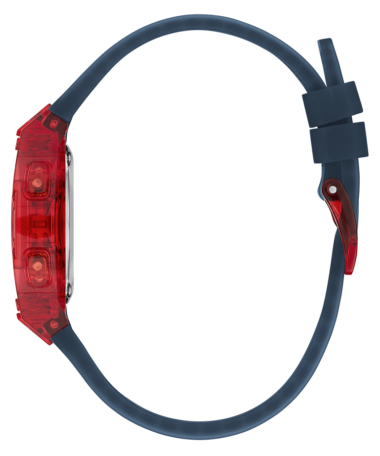 Red and blue bike light on a white background