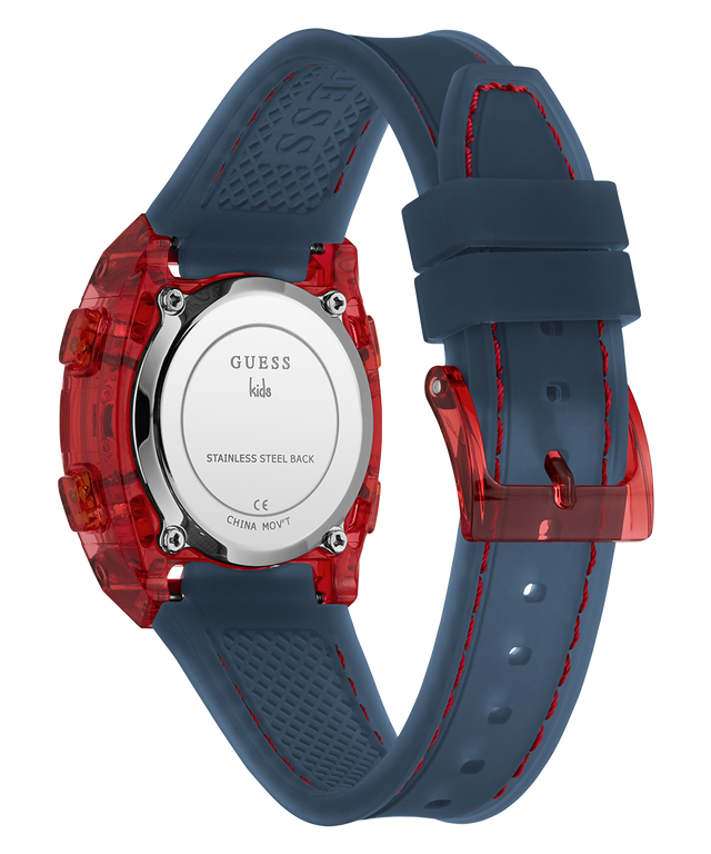 Guess watch with blue strap and red accents on a white background