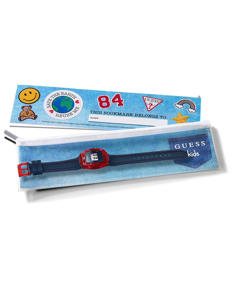 Guess Kids bookmark packaging with blue strap and red accents on a white background