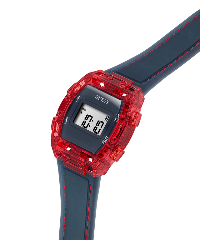 Digital watch with red and blue design on a white background lifestyle