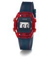 Digital watch with red accents and blue strap on a white background